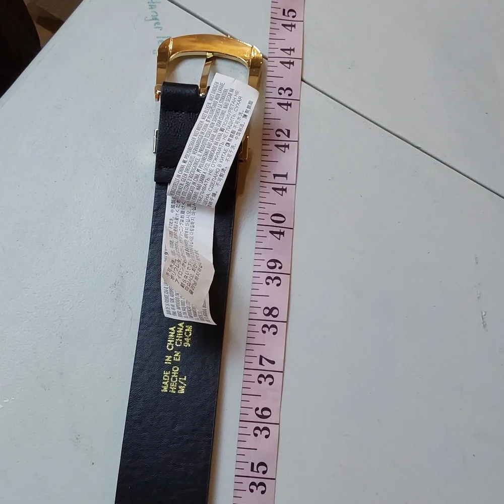 Womens Edgy Black Leather Belt with Double Gold Buckles Adjustable Mod Sz.M/L